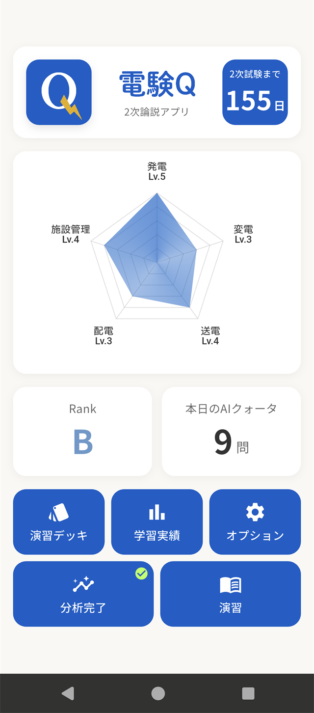 ホーム画面。分野別の習熟度レーダー、試験までの残日数、本日のAIクォータ、各メニュー。